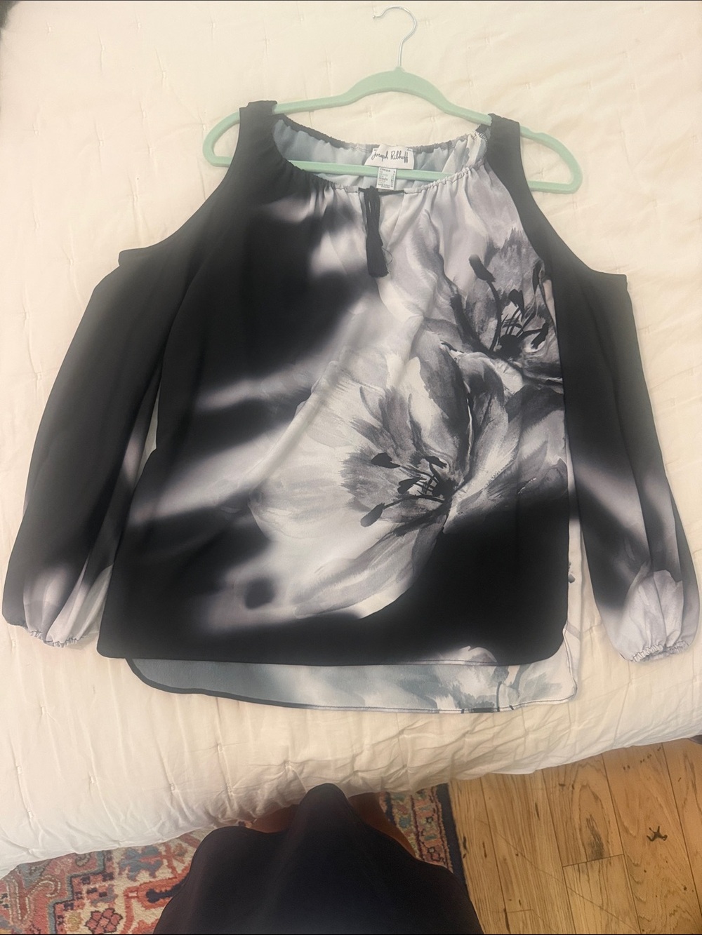 Joseph Ribkoff Black & White Floral Cold-Shoulder Blouse